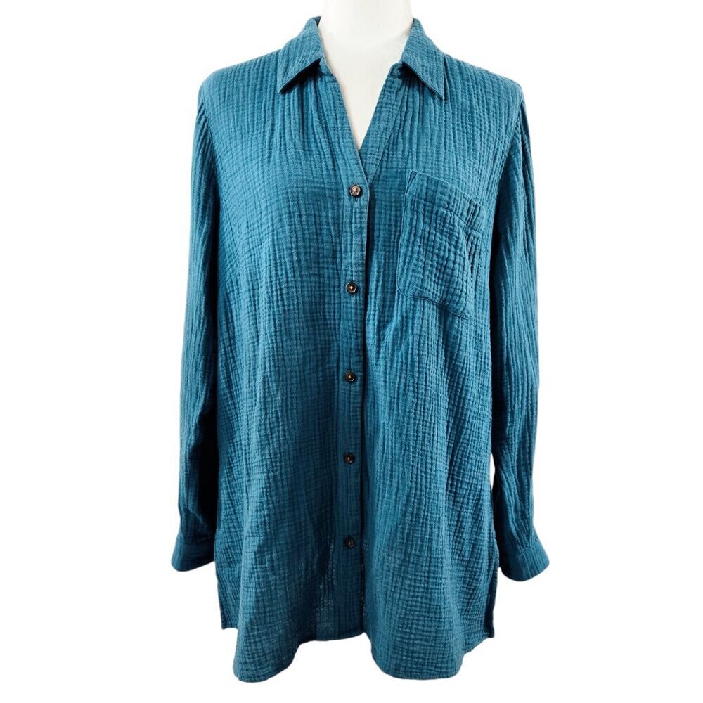 J. Jill Dark Teal 100% Cotton Gauze Textured Button-Up Shirt Beachy Vacation